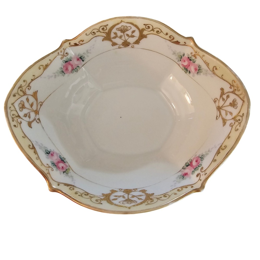 Antique Nippon Hand Painted Porcelain Bowl Pink Roses Gold Moriage Scalloped 7in